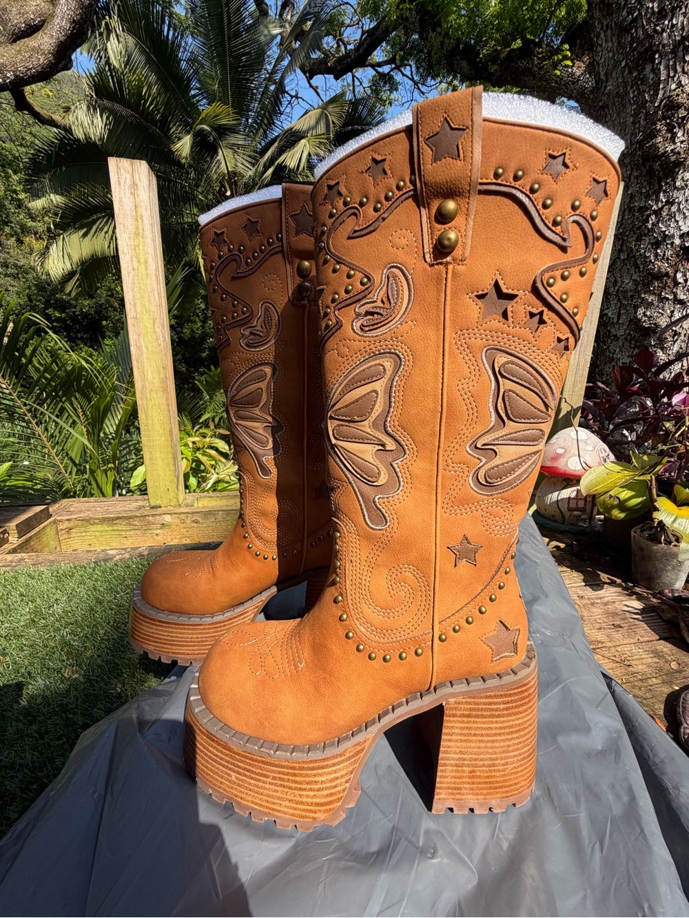 Dolls Kill Tan Platform Western Boots with Embroidered Butterflies & Stars